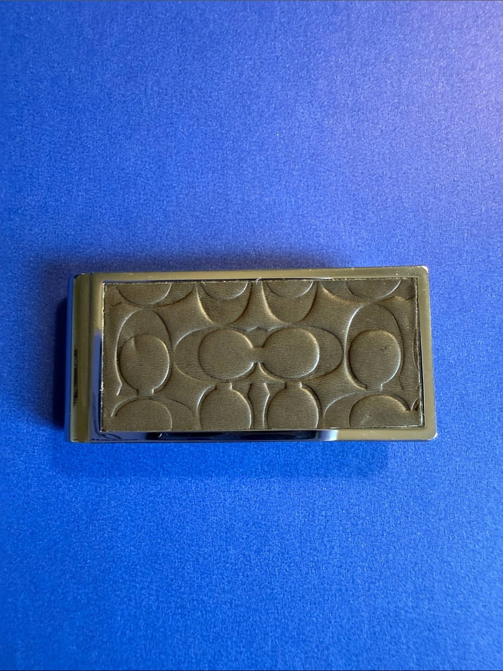 Coach Taupe Color Embossed Signature Leather Money Clip with Silver Frame